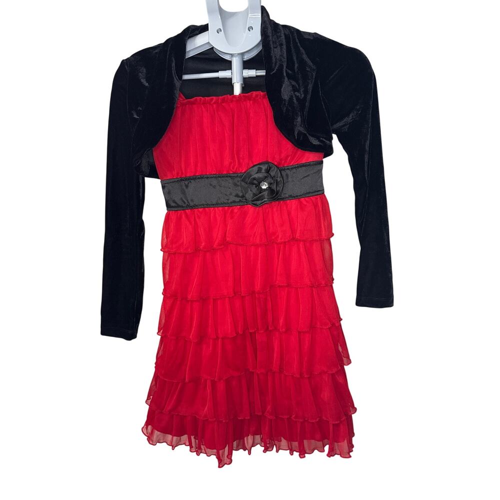 My Michelle Red Ruffled Tiered Dress with Velvet Jacket. 1 PC Girls Size 14